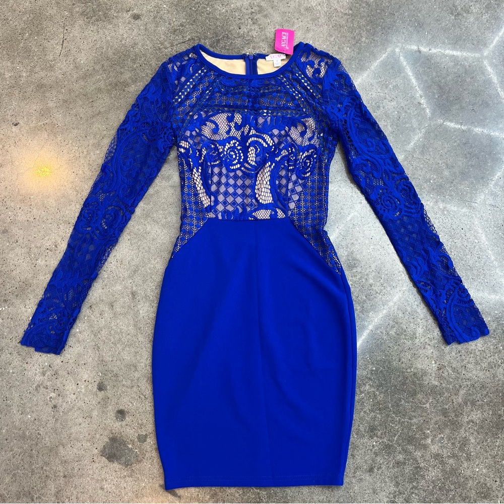 NWT A’GACI Royal Blue Lace Embroidered Long Sleeve Mini Dress Womens Small